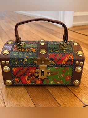 Vintage 1970s Tapestry Box Purse Roger Van S Paisley Trunk Bag Boho Top Handle